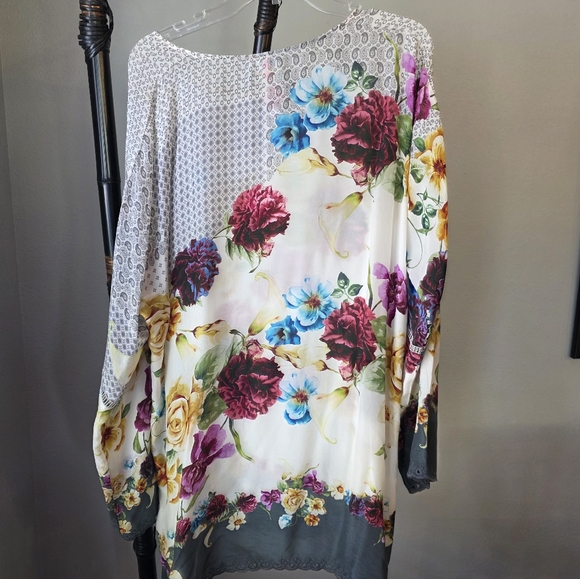 Johnny Was Floral Blouse - Purple, Yellow, Cream. 34" long, chest is 25".  Silk. - Picture 2 of 9